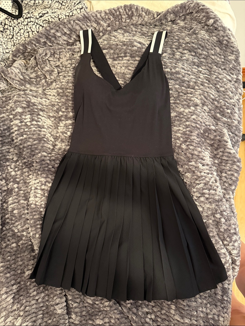 aerie Black Pleated Mini Exercise Dress with Striped Shoulder Straps and Pockets